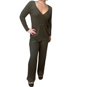 AMERICAN EAGLE Olive Green Ribbed Wrap Front Long Sleeve Jumpsuit - size XS